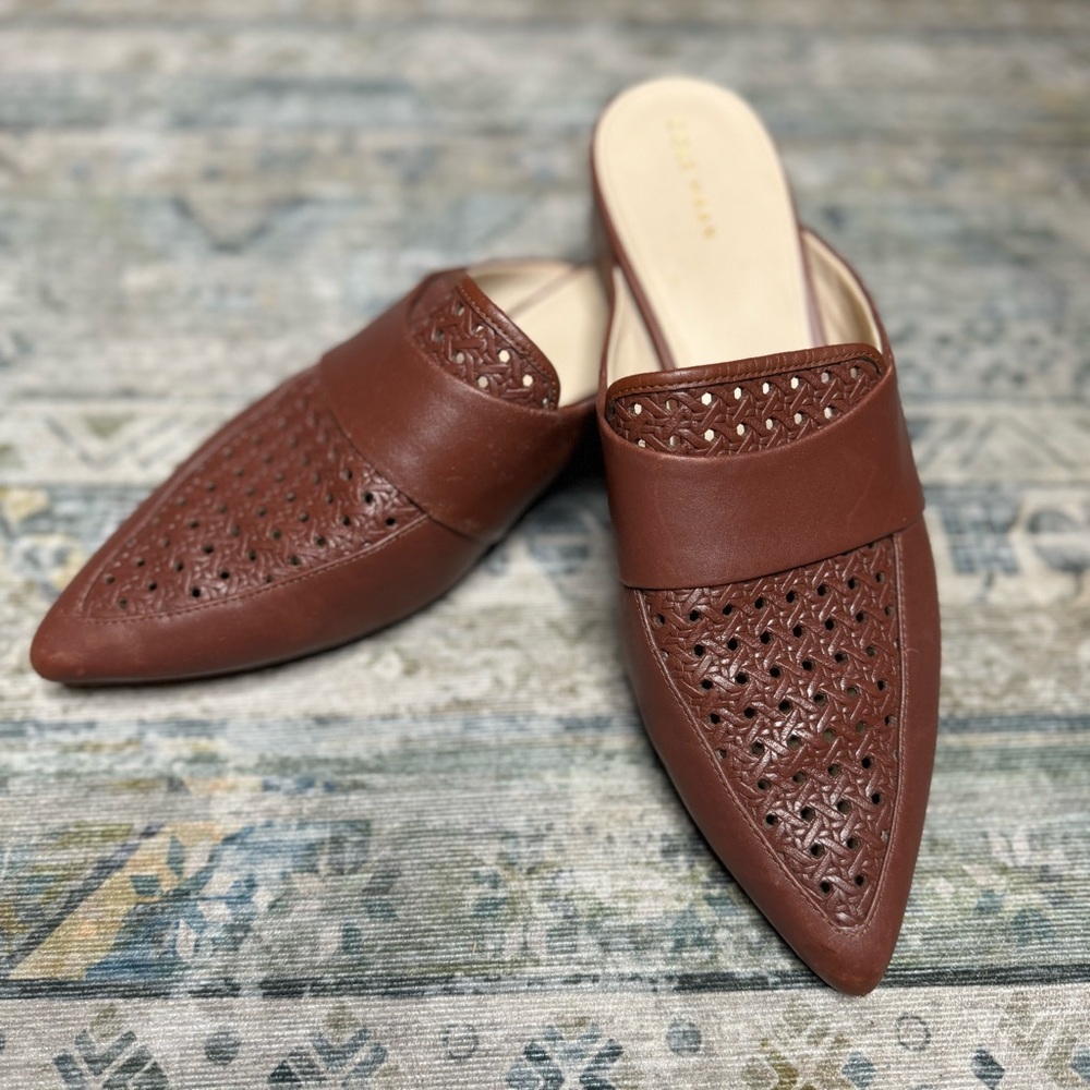 Cole Haan Mahoganey Marlee Mule Leather Slip On Pointed Toe Woven Flats Size 9B